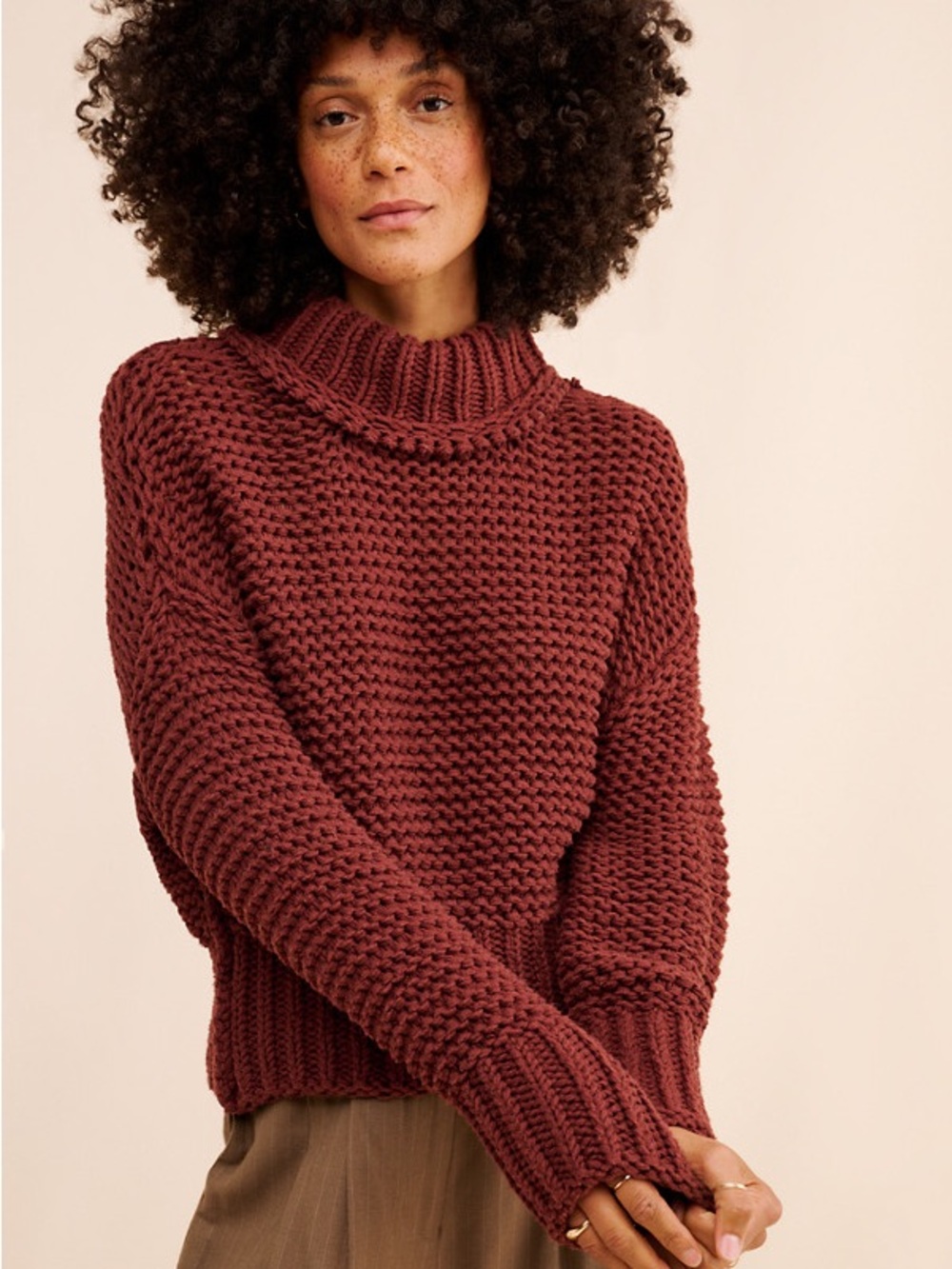Free People Dark Red Chunky Knit Turtleneck Sweater